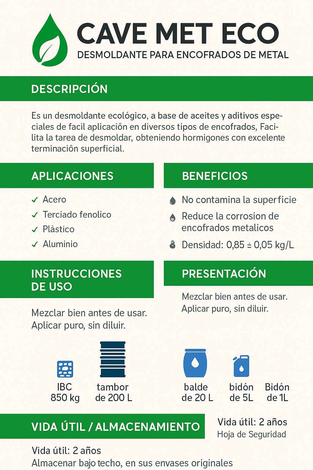 CAVE MET ECO - Desmoldante para encofrados Bidón 5 lt