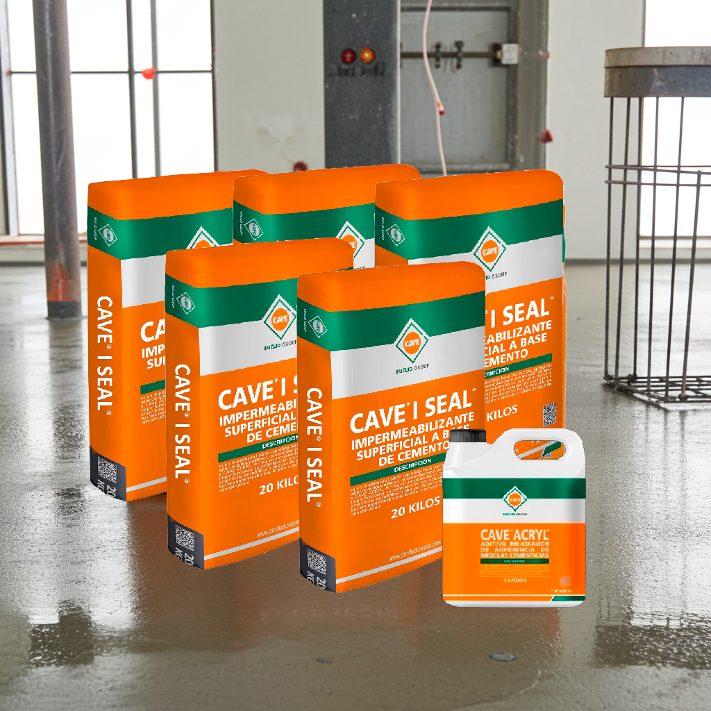 Pack 5 CAVE I SEAL GRIS 20 KG + 1 CAVE ACRYL- Aditivo Promotor de adherencia Galón