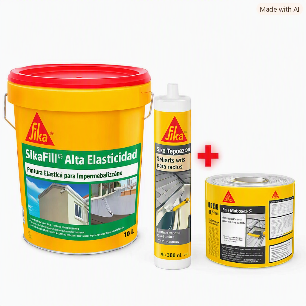 Pack Techo Sika: Sikafill Alta Elasticidad 16lt + 1 Sika Tapagoteras 280 ml + 1 Cinta Multiseal 10*3