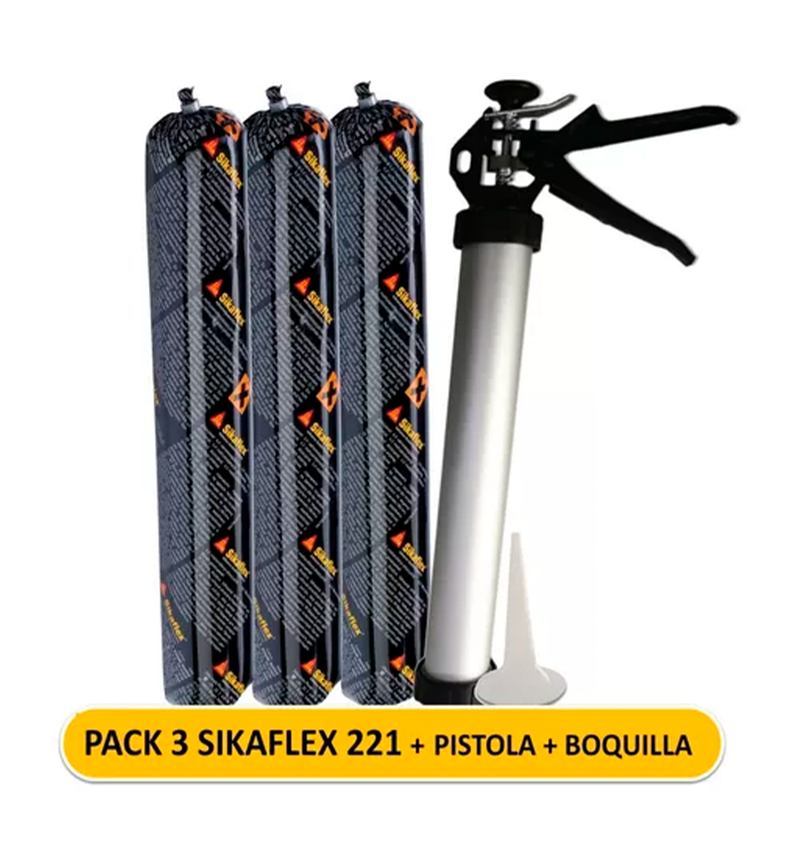 PACK 3 SIKAFLEX 221 NEGRO + PISTOLA TUBULAR + BOQUILLAS - Sellante / Adhesivo de un componente,