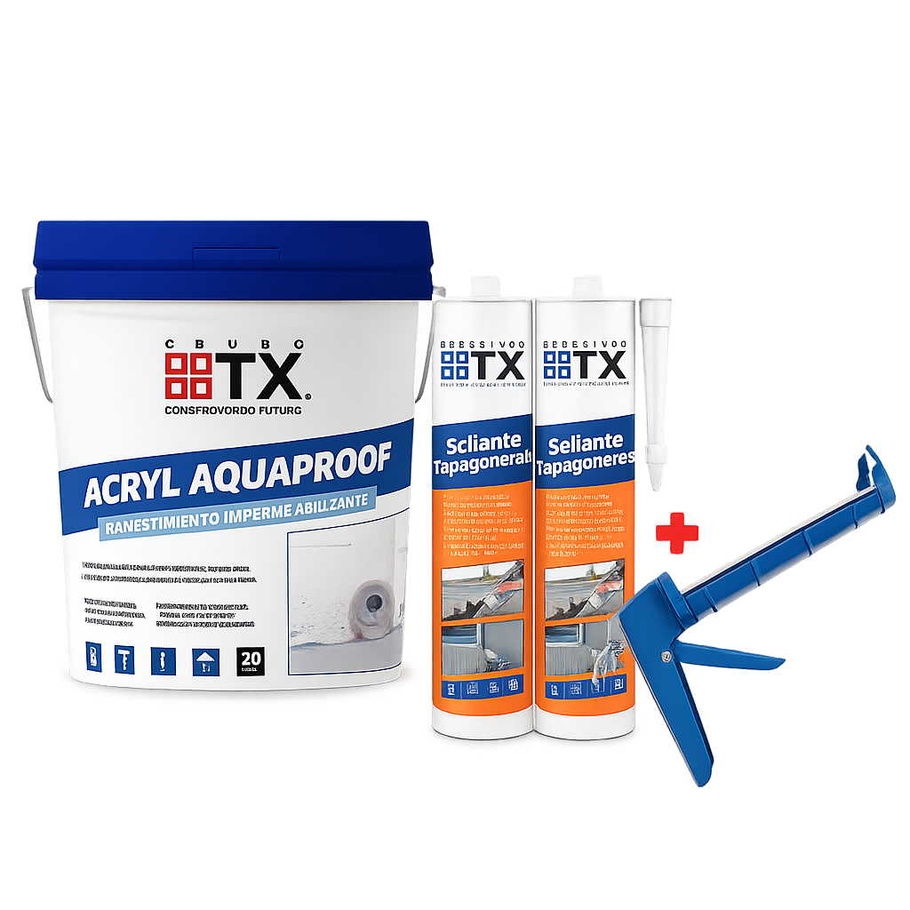 Pack Techos TX: 1 Acryl Aquaproof 20lts + 2 Tapagoteras TX 400 g + Pistola Calafatera Simple