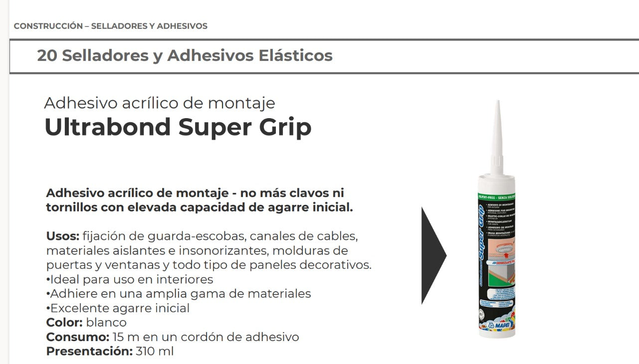 ULTRABOND SUPER GRIP - Adhesivo de montaje para interiores, Cartucho 310Ml