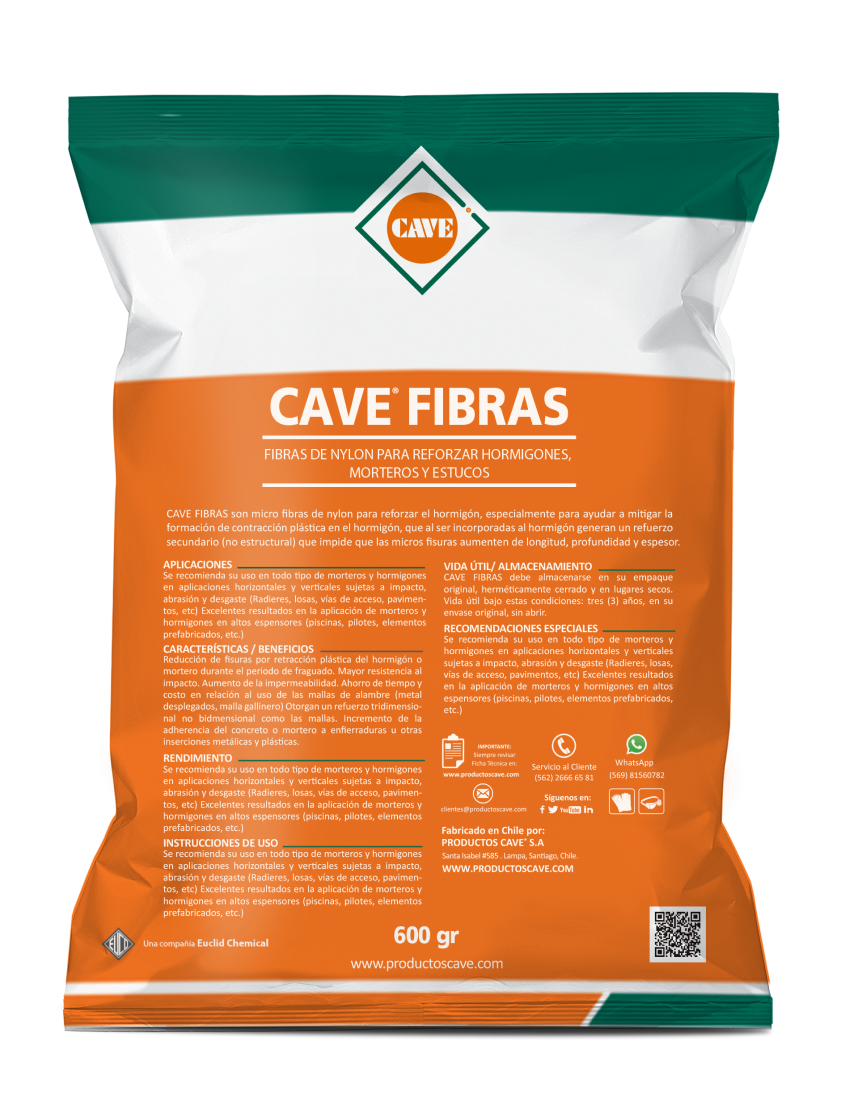 CAVE FIBRAS - Micro fibras sintéticas para reforzar hormigones, morteros y estucos, Bolsa 600Gr